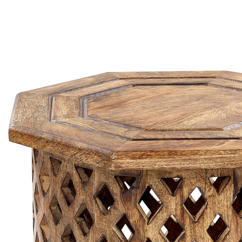 Tavolino in legno di mango scuro Piano ottagonale Base rotonda 45 x 45 cm Design tradizionale