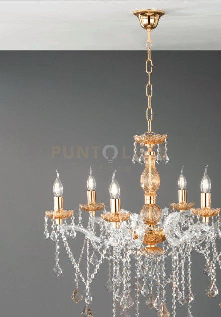 LAMPADARIO DAMASCO 16 LUCI AMBRA E ORO ATTACCO E14 D.95CM