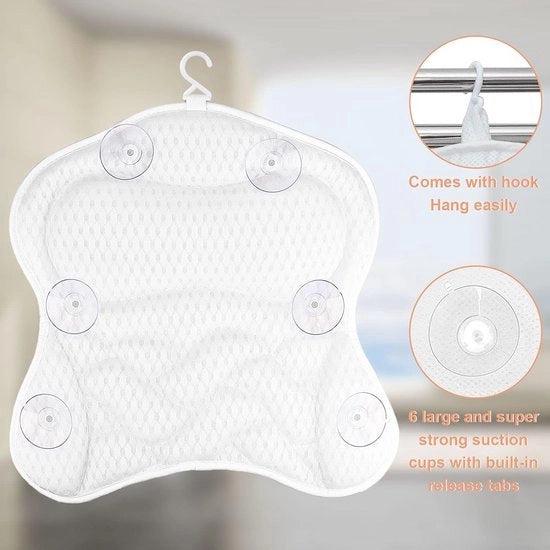 Cuscino per doccia, cuscino per doccia, cuscino per collo e schiena, cuscino per doccia comfort con 6 presse-aere, mesh 4D, per testa, collo, spalle, schiena per doccia e centro benessere, bianco
