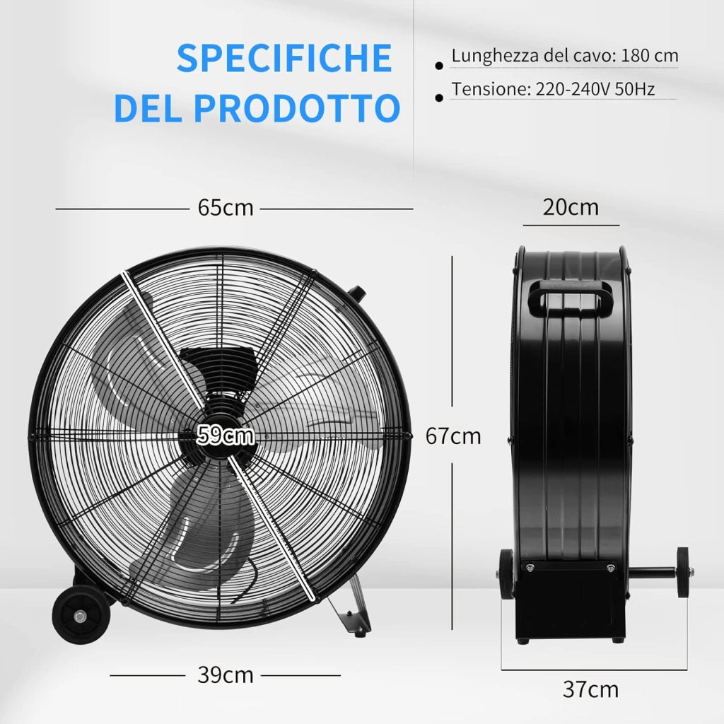 Ventilatore da Terra Industriale a 3 Velocità con Pale in Alluminio, Ventilatore a Piantana Potente ad Alta Velocità su Ruote in Gomma, 180W Max, 65x37x67 cm (Nero)