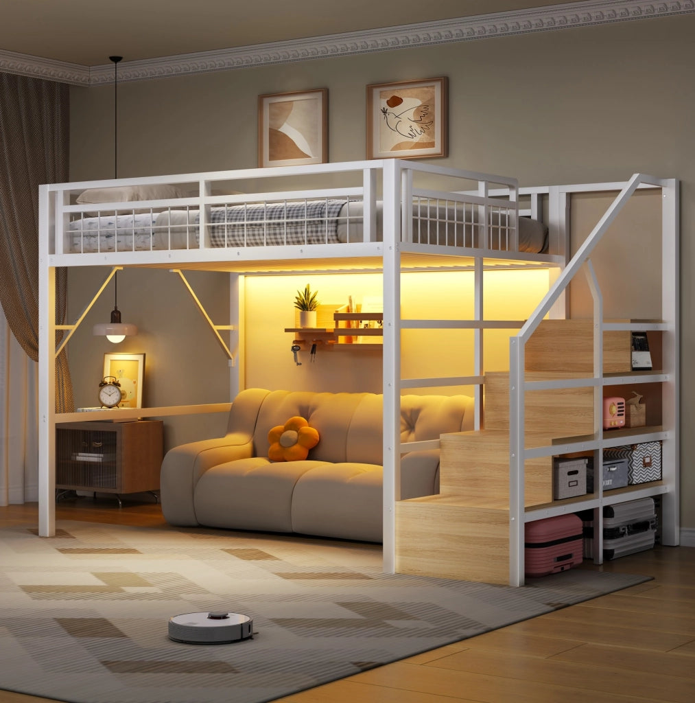 Letto a soppalco 140x200 cm con LED e scala contenitore