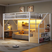 Letto a soppalco 140x200 cm con LED e scala contenitore