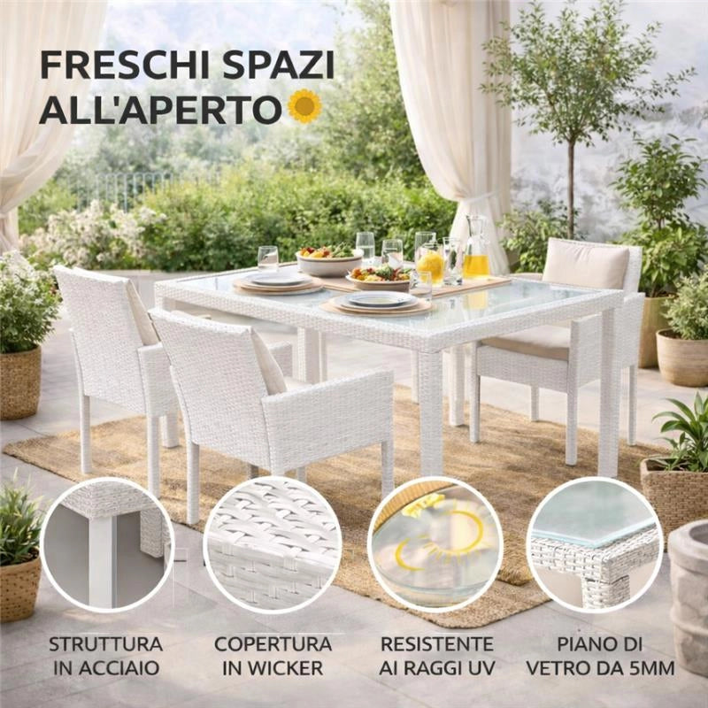 TAVOLO AZORE IN ACCIAIO E WICKER BIANCO 150 X 90CM