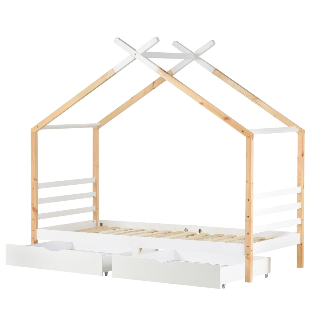 Letto a casetta per bambini con cassetti, in legno di pino e MDF, con rete a doghe, bianco, 90x200 cm