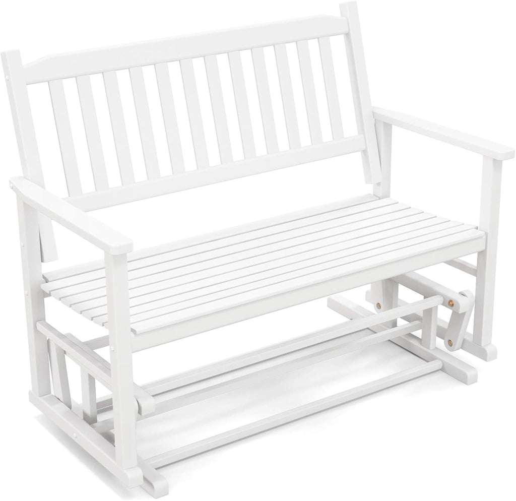 Panca a Dondolo a 2 Posti con Sicuro e Delicato Movimento Oscillante, Telaio in Legno Massello, Sedia a Dondolo per Giardino con Capacità di carico 225 kg, 126 x 68 x 100 cm, Bianco