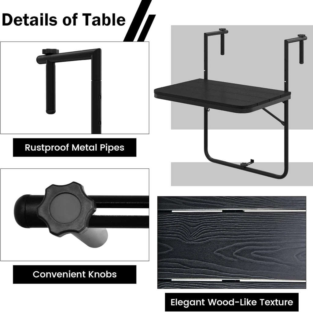 Tavolino Pieghevole da Balcone Nero/Marrone, Tavolo Tavolino da Ringhiera Salvaspazio Altezza Regolabile Struttura in Metallo, 72,5x64x60 cm (Nero)