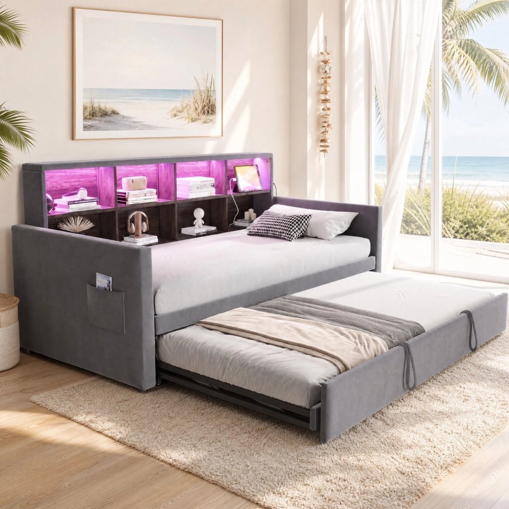 Letto imbottito 90x190 cm con letto estraibile, testiera con vani portaoggetti, LED e prese, velluto grigio scuro