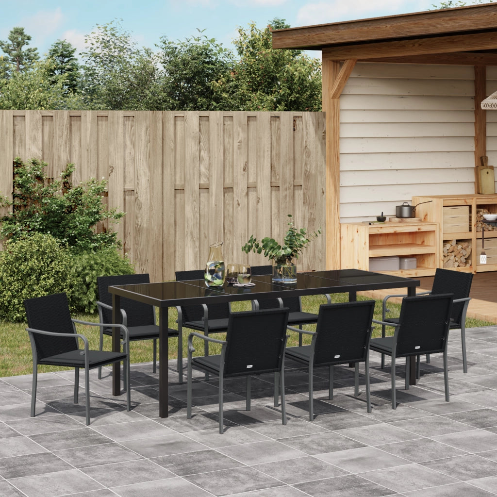 Set pranzo giardino 9 pezzi con cuscini Polyrattan neri