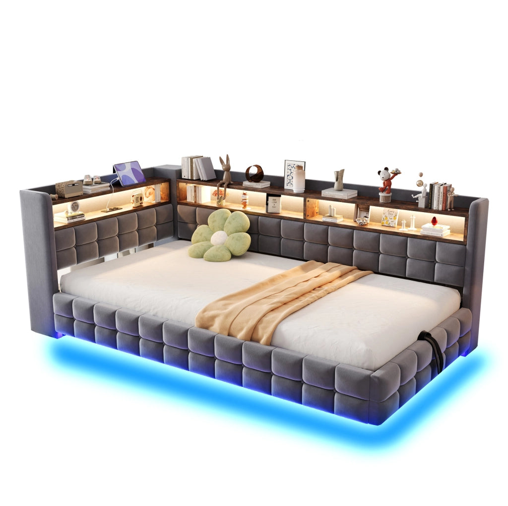 Letto imbottito multifunzione 90x200 cm con contenitore, LED e prese integrate