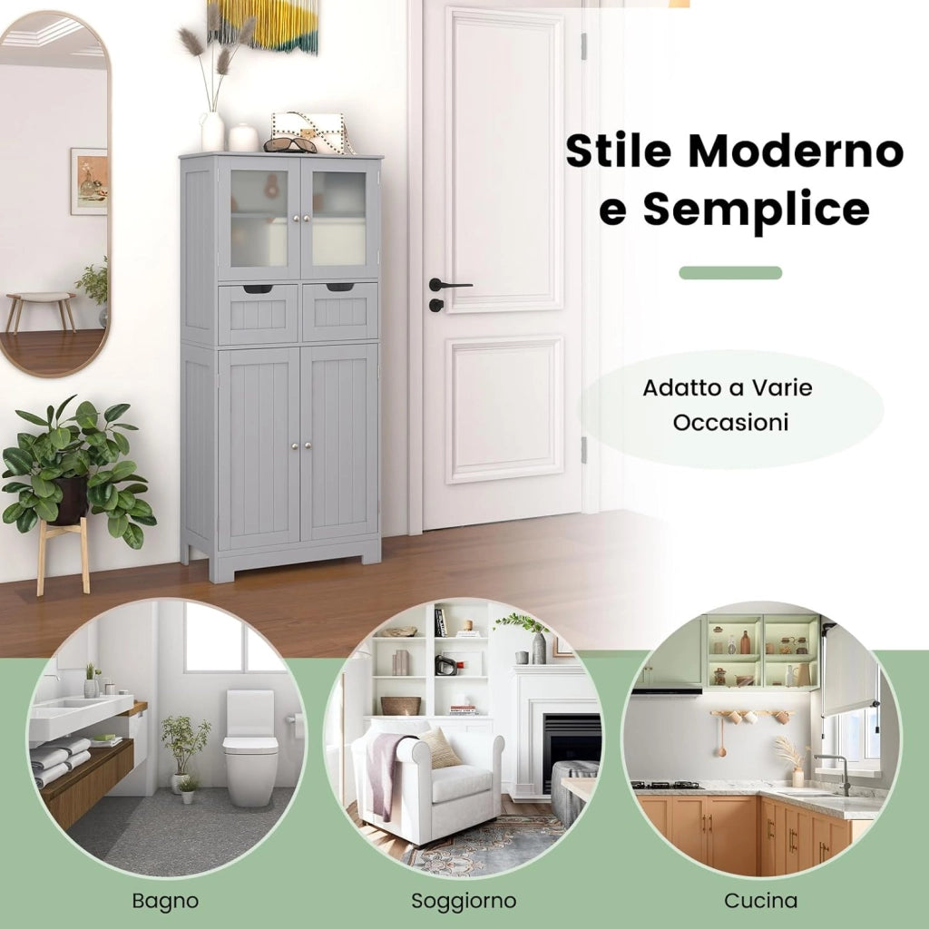 Armadio da Terra con 4 Ante, Mobile da Bagno con 2 Ante in Vetro 2 Cassetti e Ripiani Regolabili, Armadio Multifunzionale per Bagno e Soggiorno (Grigio, 60x30x128cm)