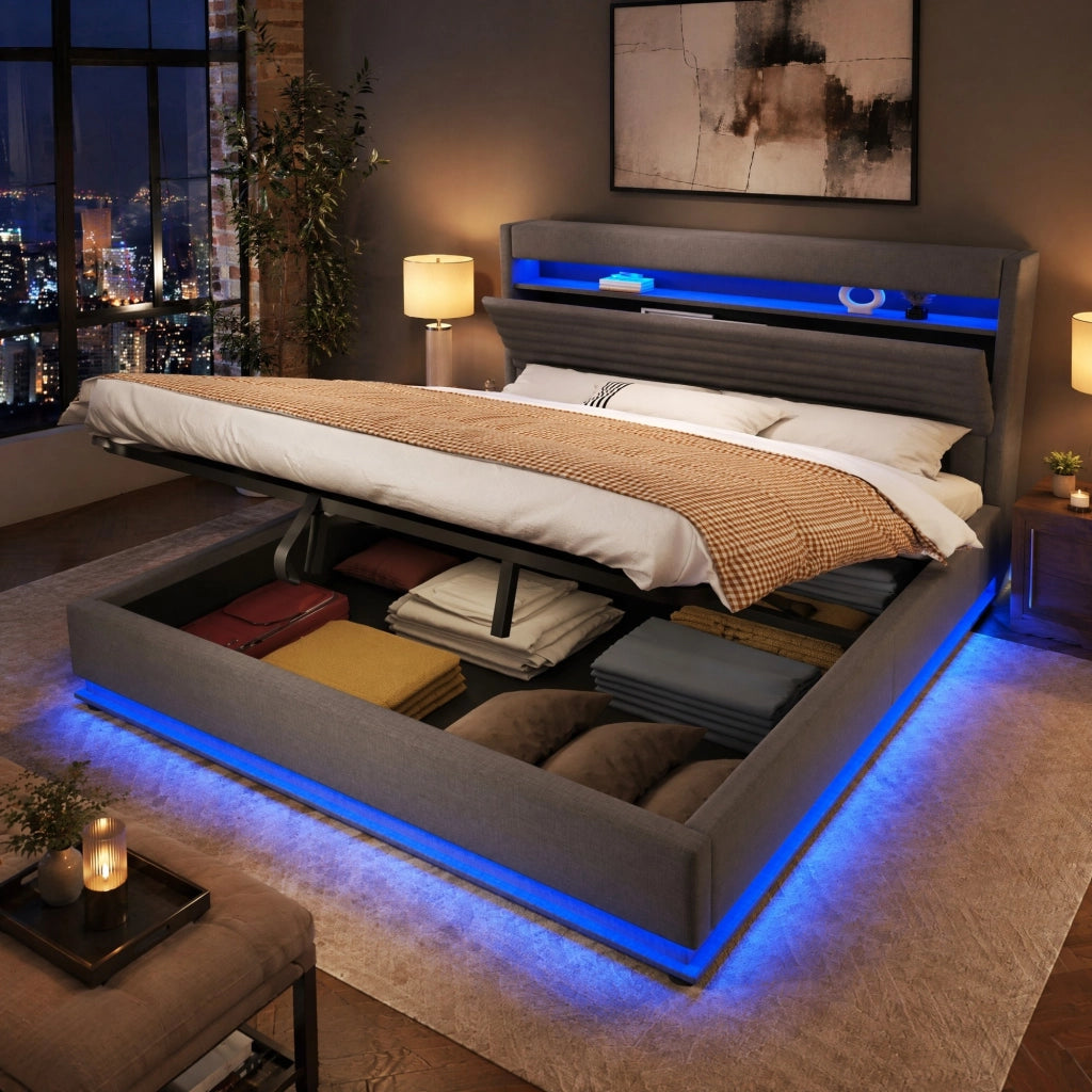 Letto imbottito contenitore 180x200 cm con LED e ricarica integrata