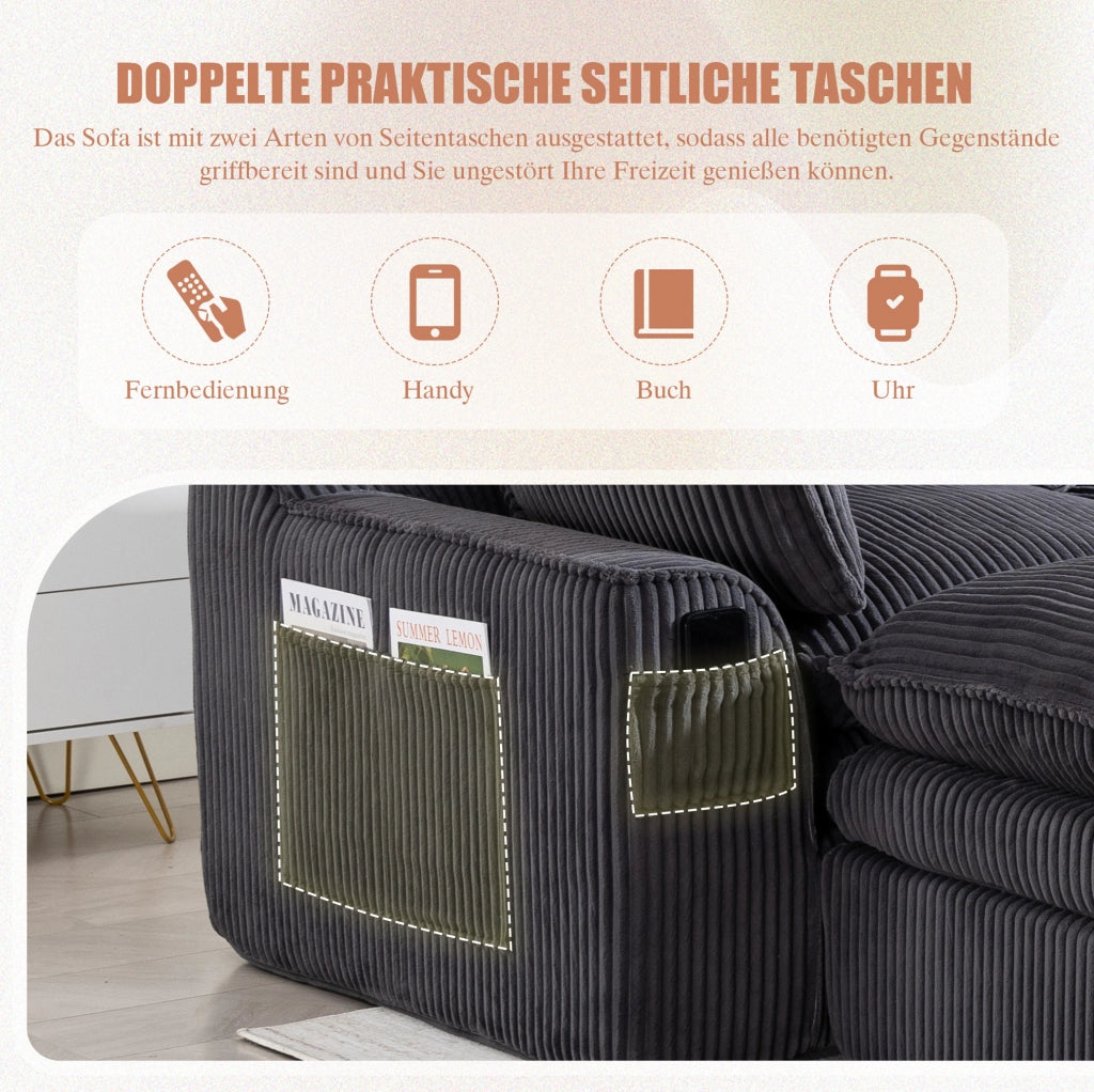 DIVANO MODULARE 263x167x85 cm Velluto a coste Grigio scuro con pouf