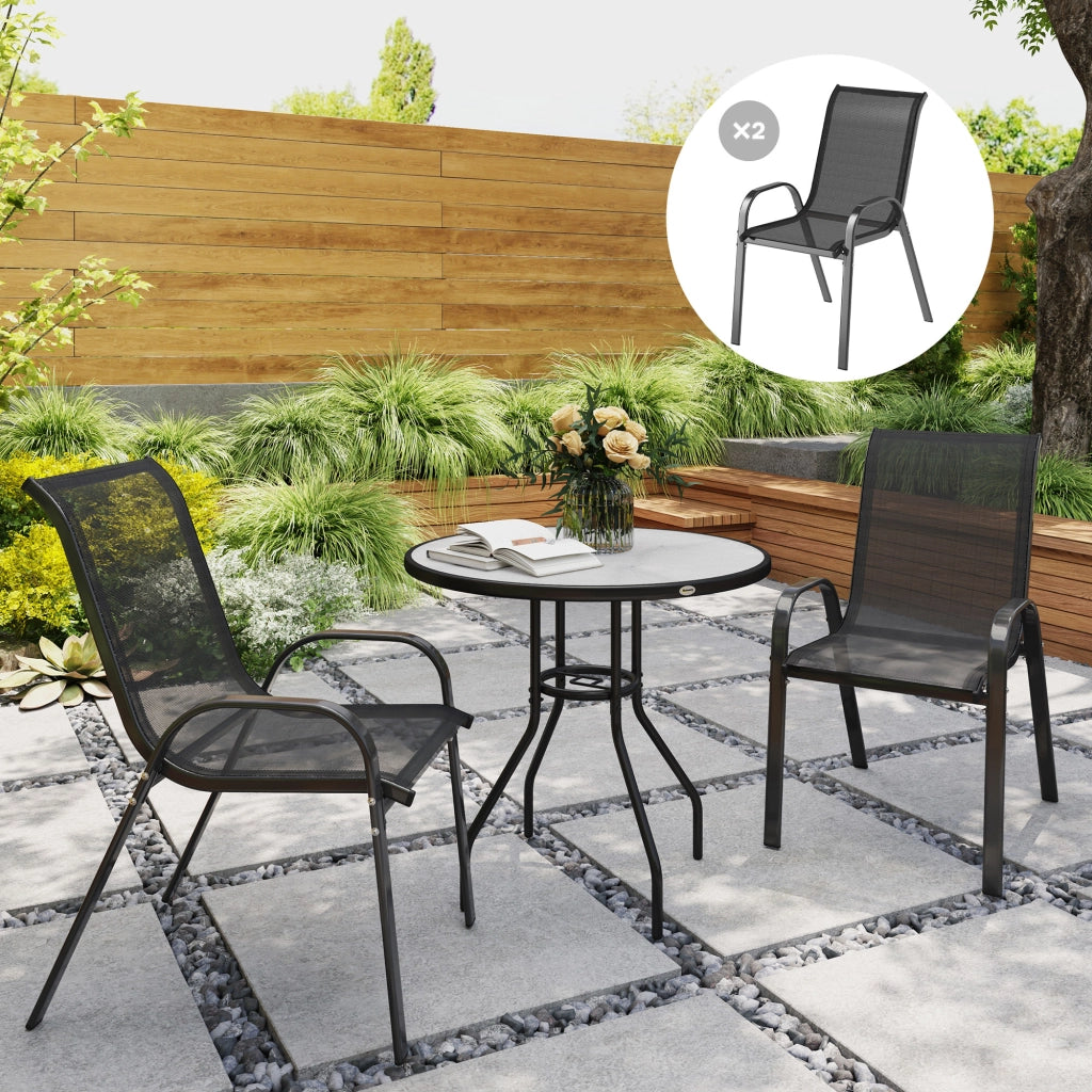 Set 2 Sedie da Giardino Impilabili con Braccioli Curvi, in Acciaio e Tessuto Traspirante, 54x71x93 cm, Nero