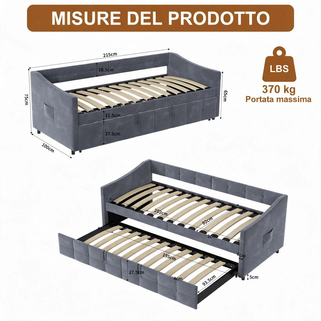 Divano letto matrimoniale 90x200cm;Estensibile in orizzontale;Non sollevabile;Velluto;Grigio