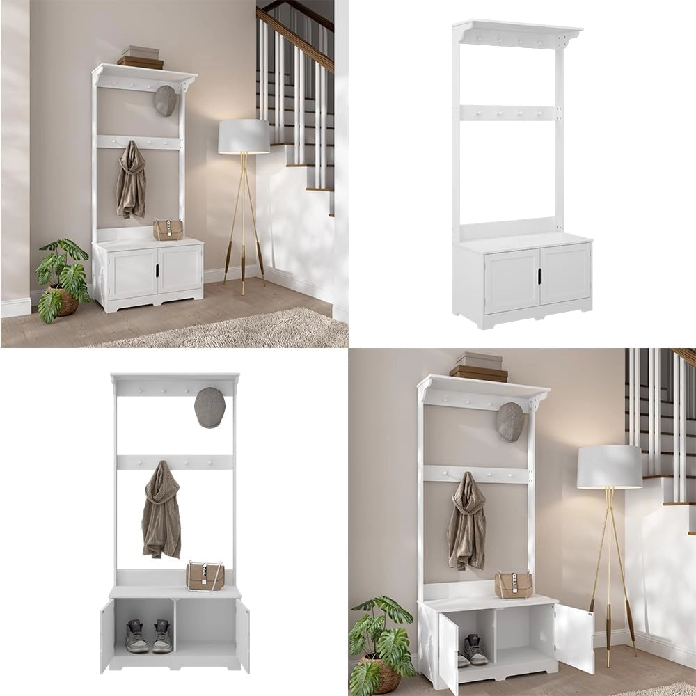 Appendiabiti Lysa, Bianco, 80 x 180 cm con 2 porte, per riporre giacche, scarpe e accessori