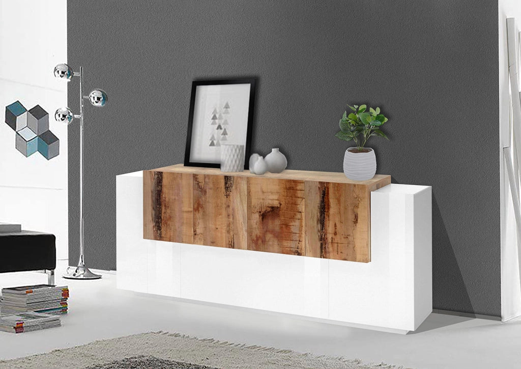 Credenza 7 Ante 200x45x86 cm New Coro Bianco Lucido e Acero Pereira