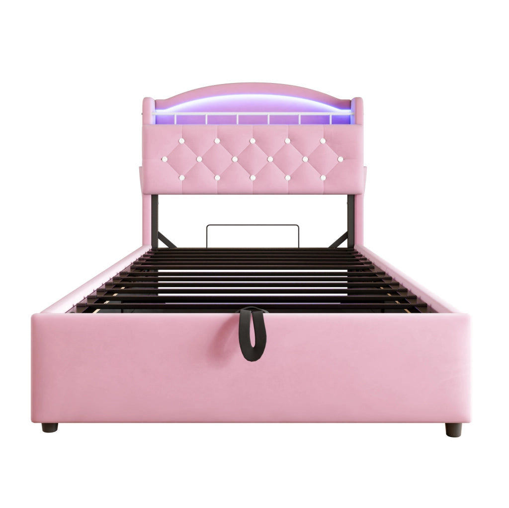 Letto imbottito per bambini 90x200 cm con contenitore; LED; USB e portaoggetti; rosa