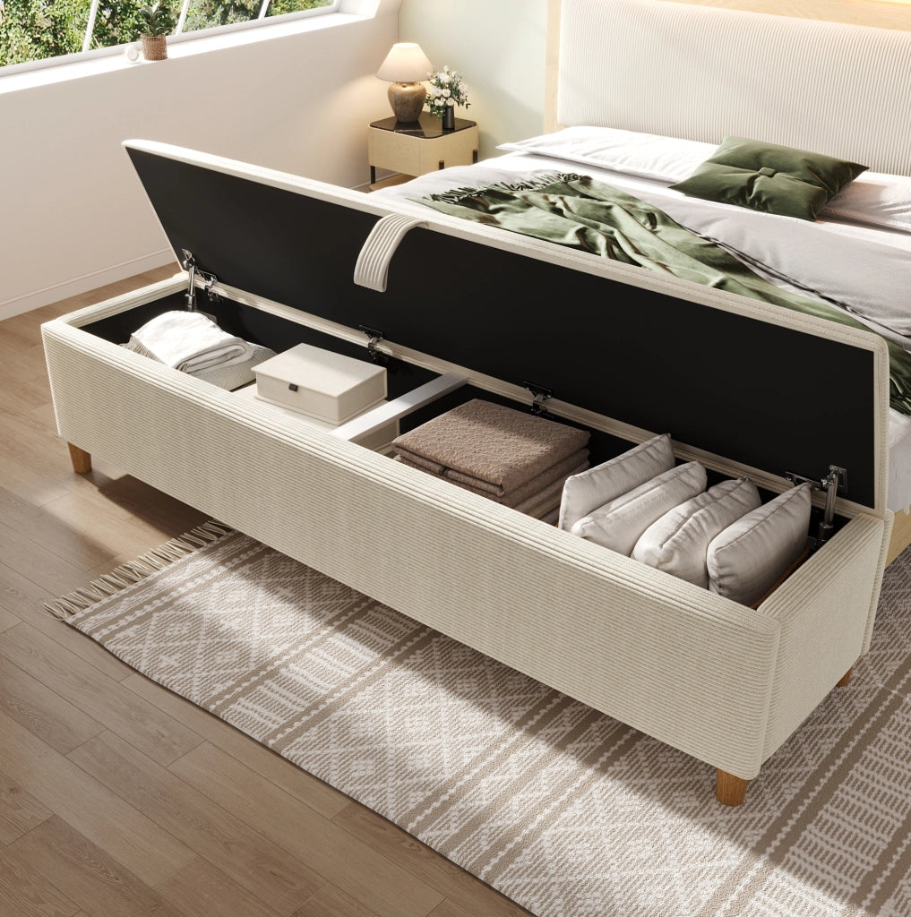 Letto matrimoniale 140x200 cm con LED; testiera con ripiani; panca contenitore; beige e rovere