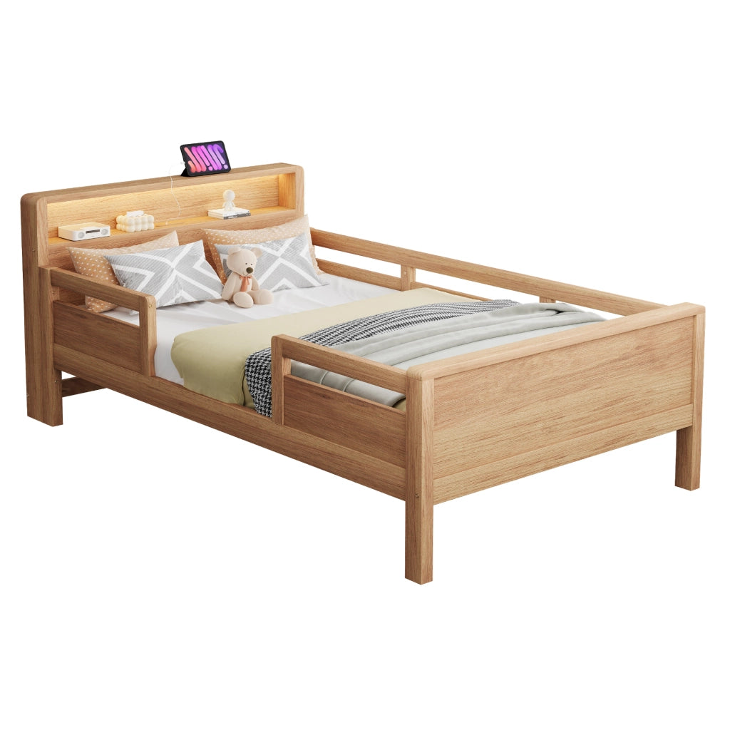 Letto singolo per bambini 90x200 cm in legno naturale con LED; USB; Type-C e testiera con vano