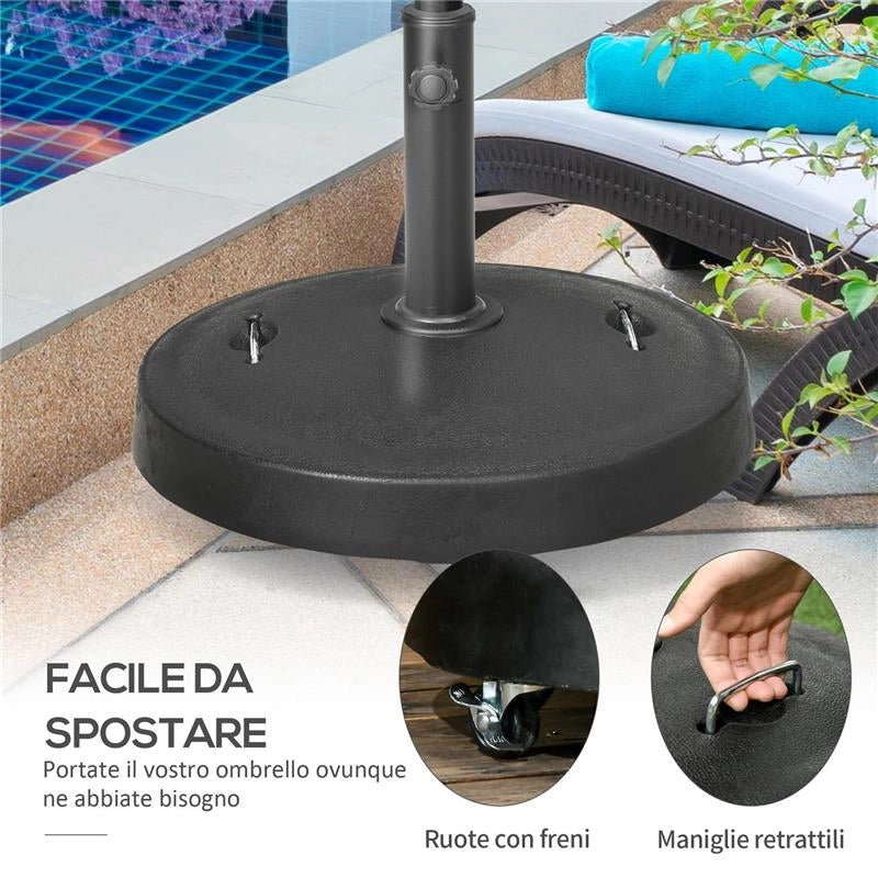 BASE PER OMBRELLONE DA 23.5KG CON 2 MANOVELLE E ROTELLE, IN RESINA E ACCIAIO, Ø53X41 CM, NERA