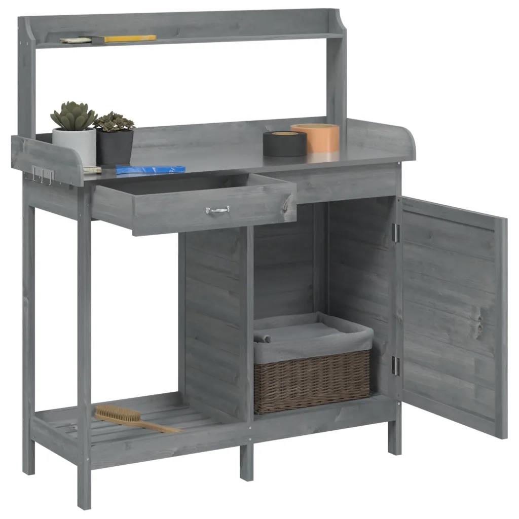Tavolo Invaso con Mobile-Fioriera Multifunzione Grigio 110,5x45x124,5cm Massello Abete