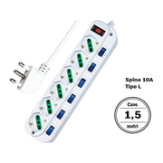 Multipresa Ciabatta Elettrica Con 6 Posti Prese Schuko 10/16A + 7 Interruttori Spina 10A Piccola Tipo L Cavo Da 1,5 Metri
