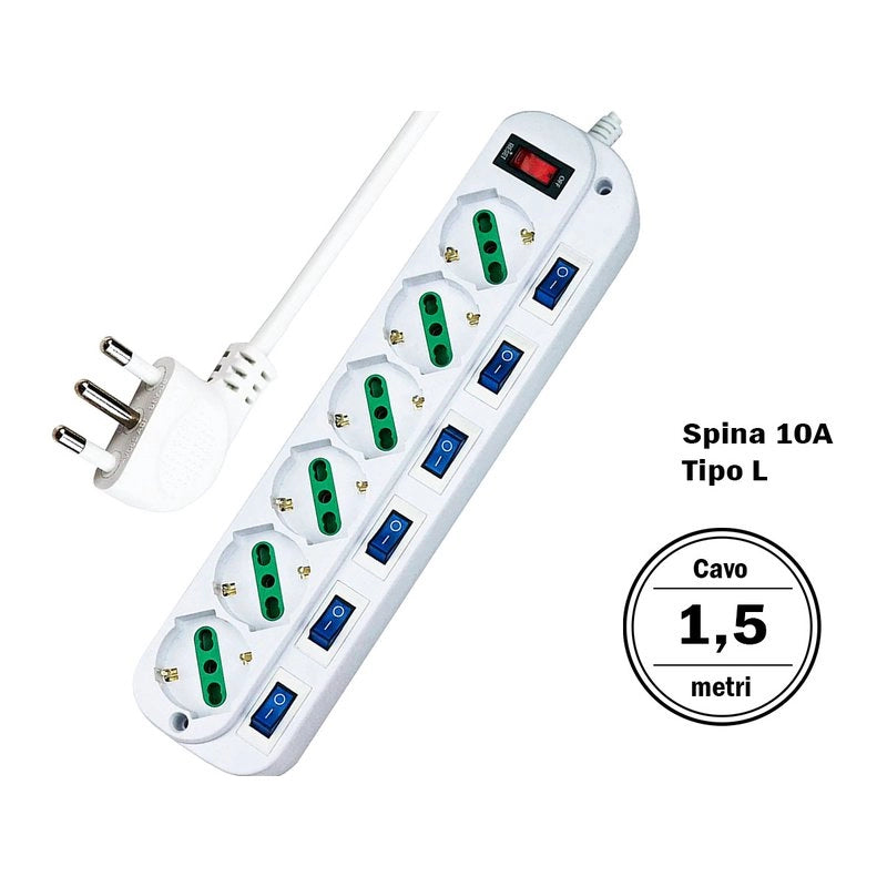 Multipresa Ciabatta Elettrica Con 6 Posti Prese Schuko 10/16A + 7 Interruttori Spina 10A Piccola Tipo L Cavo Da 1,5 Metri