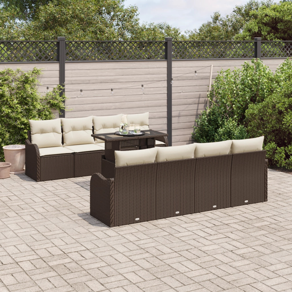 Set di Divano da Giardino a 9 Pezzi con Cuscini Marrone in Polyrattan