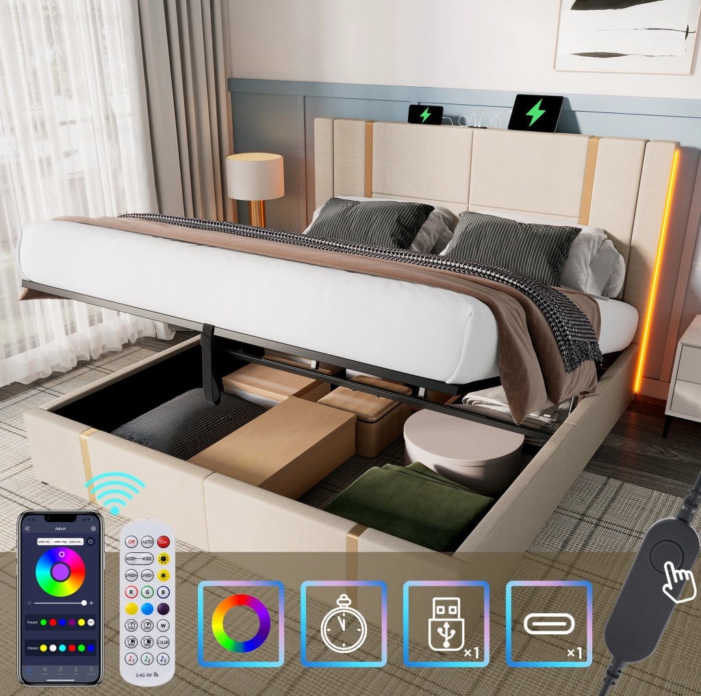 Letto imbottito 160x200 cm beige con LED RGB, USB-C e contenitore