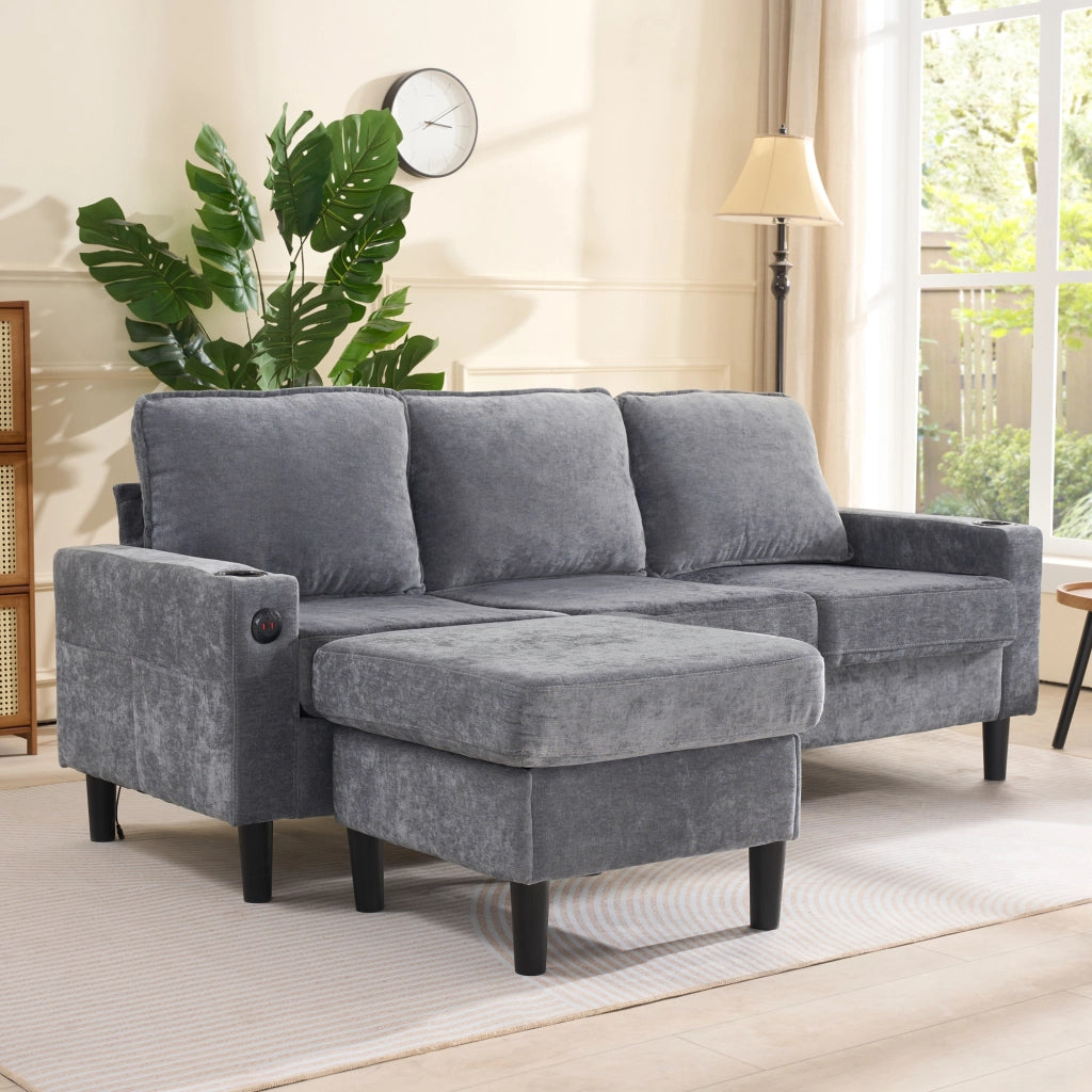 Divano 3 Posti in Lino Grigio a L con Pouf e Porte USB