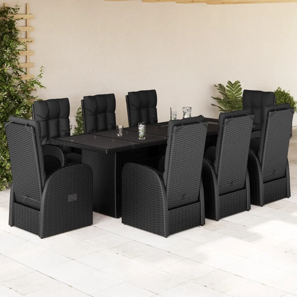 Set da Pranzo da Giardino 9 pz con Cuscini Nero in Polyrattan