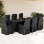 Set da Pranzo da Giardino 9 pz con Cuscini Nero in Polyrattan