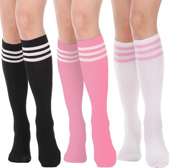 Calze per donna alta vita morbidi e allungabili - 3 paia - Casual a strisce - Lunghezza - Respiranti e resistenti