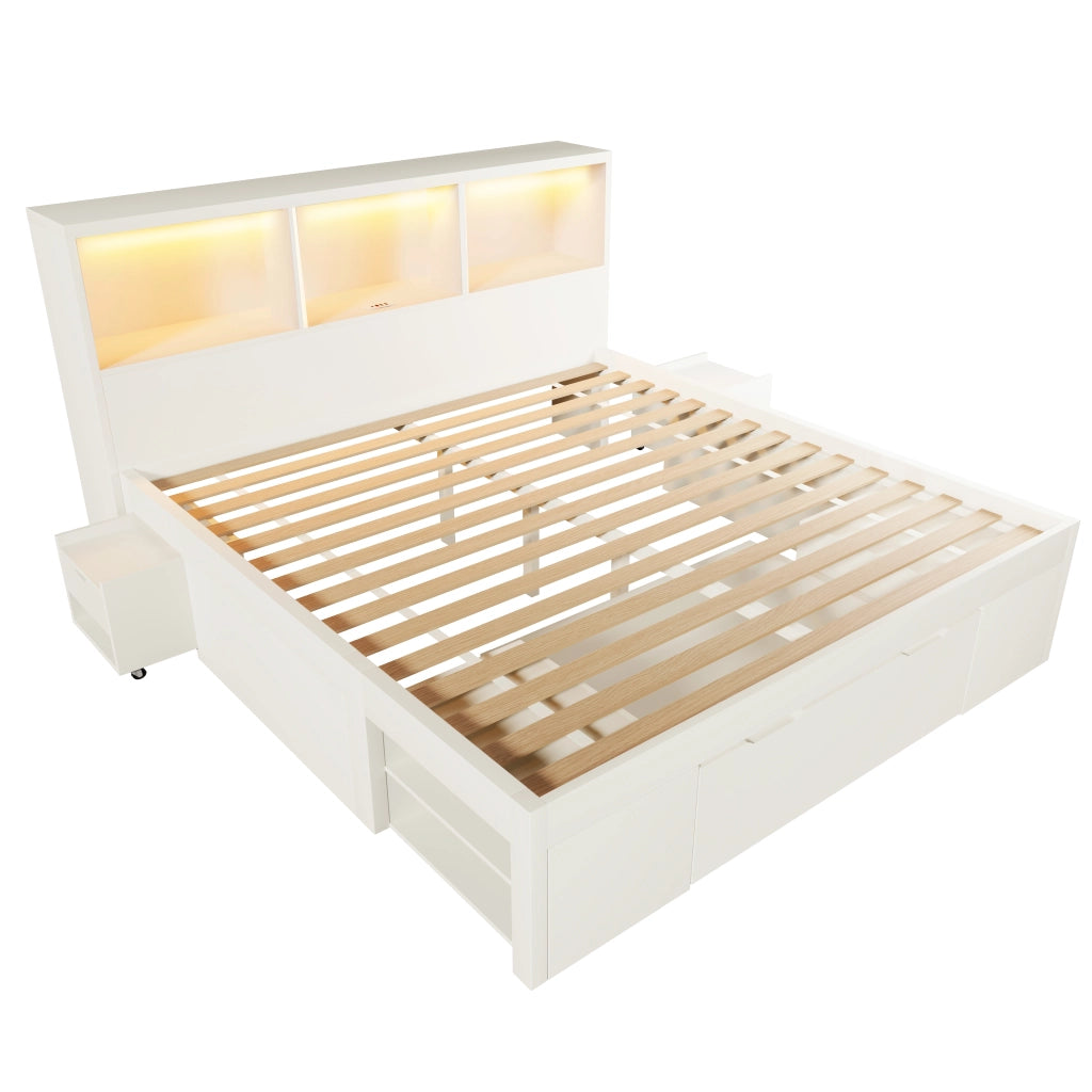 Letto Matrimoniale 140x200 cm; Contenitore; 2 Comodini Mobili; LED; USB Type-C in Legno Bianco