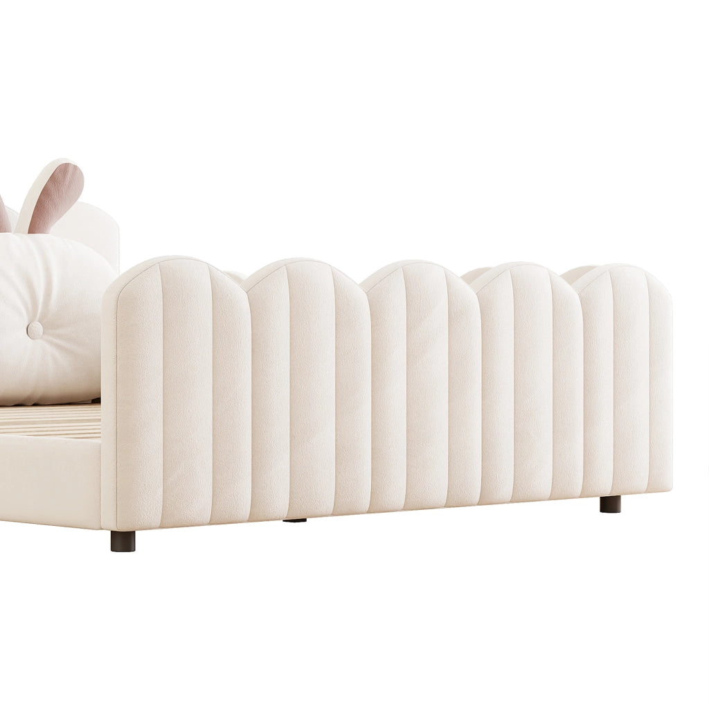 Letto Piattaforma Imbottito 140x200 cm con Cuscino a Forma di Coniglio, Beige