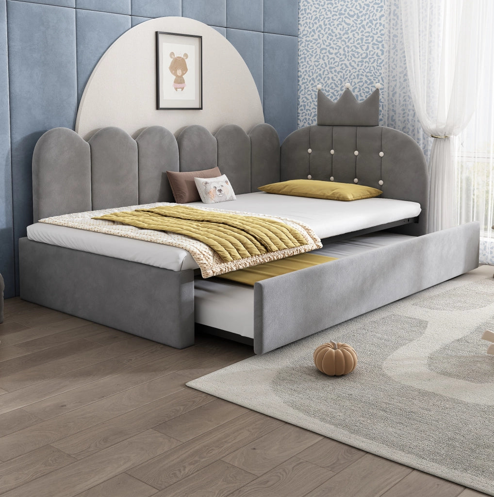 Letto singolo 90x200 cm con letto estraibile in velluto grigio
