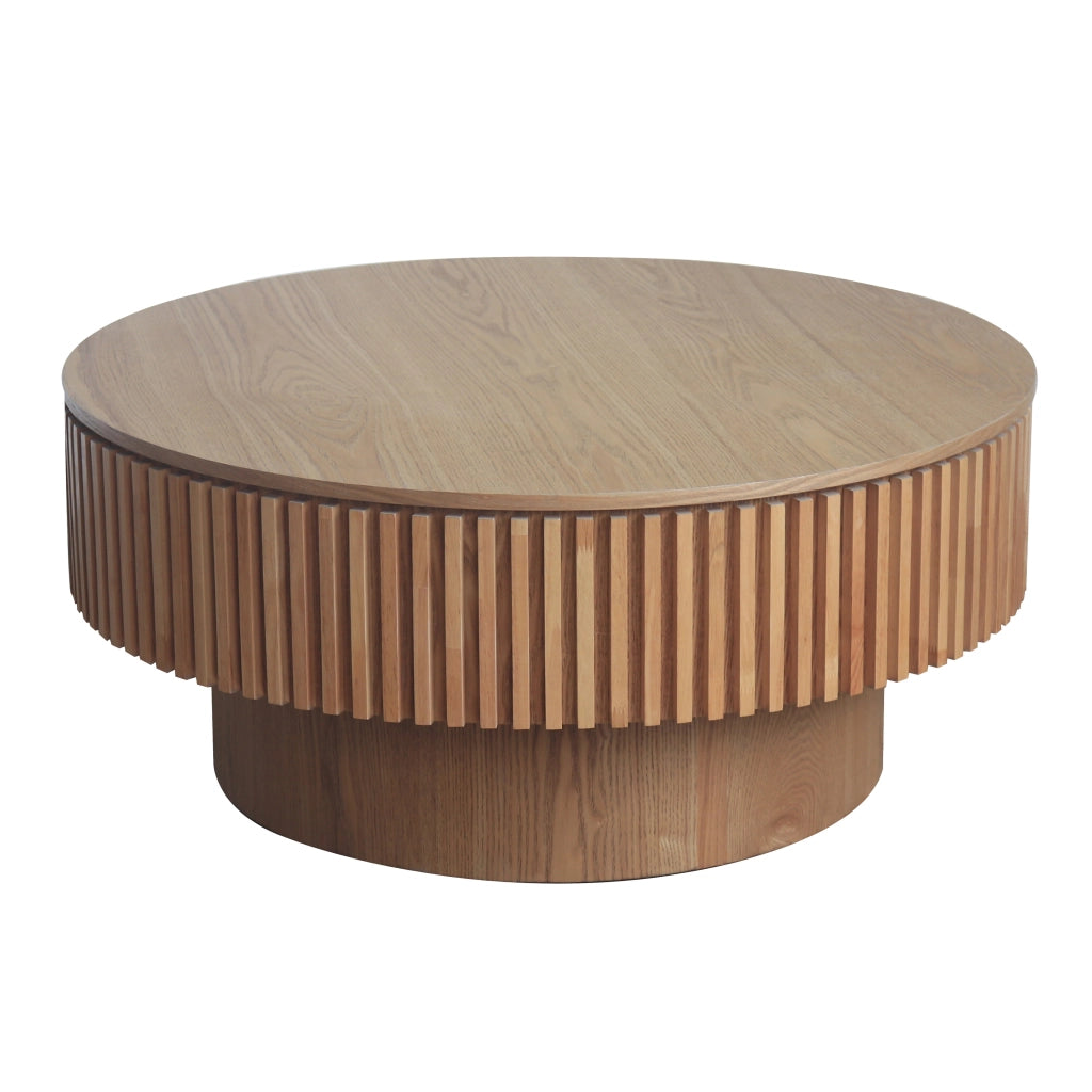 Tavolino basso contenitore rotondo con vano interno, in MDF e impiallacciatura effetto legno, per soggiorno, 75 cm