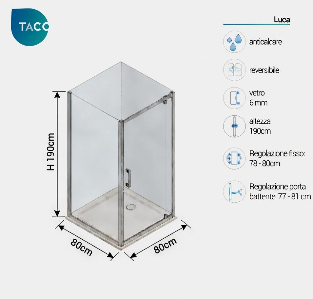 Box doccia 2 lati 80x80 cm fisso + porta 1 battente h190cm LUCA - Cromato Lucido