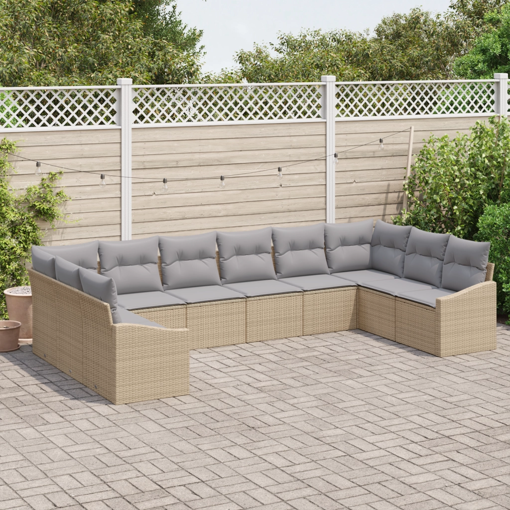 Set da Pranzo da Giardino in 10 Pezzi con Cuscini Beige in Polyrattan