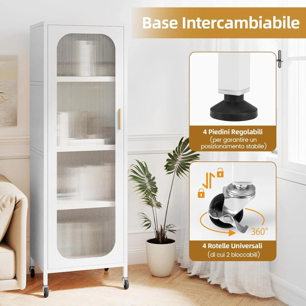 Mobile da Cucina in Metallo a 5 Ripiani, Credenza Salvaspazio con Mensole Regolabili 4 Ruote, Base Intercambiabile e Porta Semitrasparente, Organizzatore per Sala da Pranzo, Soggiorno (Bianco)