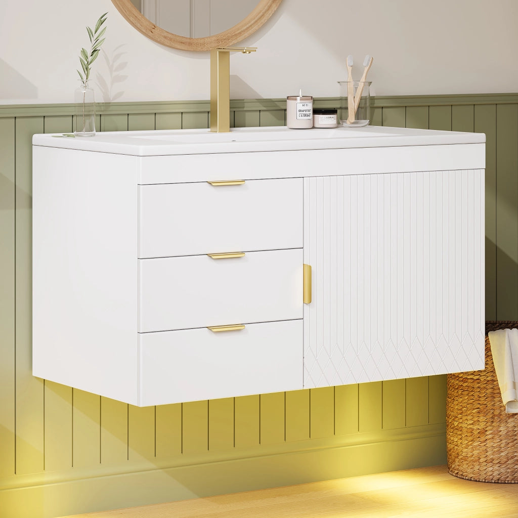 Mobile sottolavabo con LED e lavabo in ceramica, 2 cassetti e vano laterale, per bagno, bianco, 77 × 47 × 51 cm