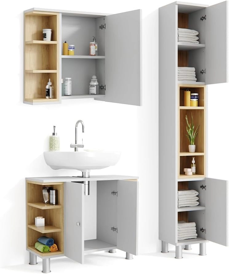 Set mobili bagno Aquis, Bianco, 79.6 cm, composto da mobile sottolavabo, specchiera e colonna alta
