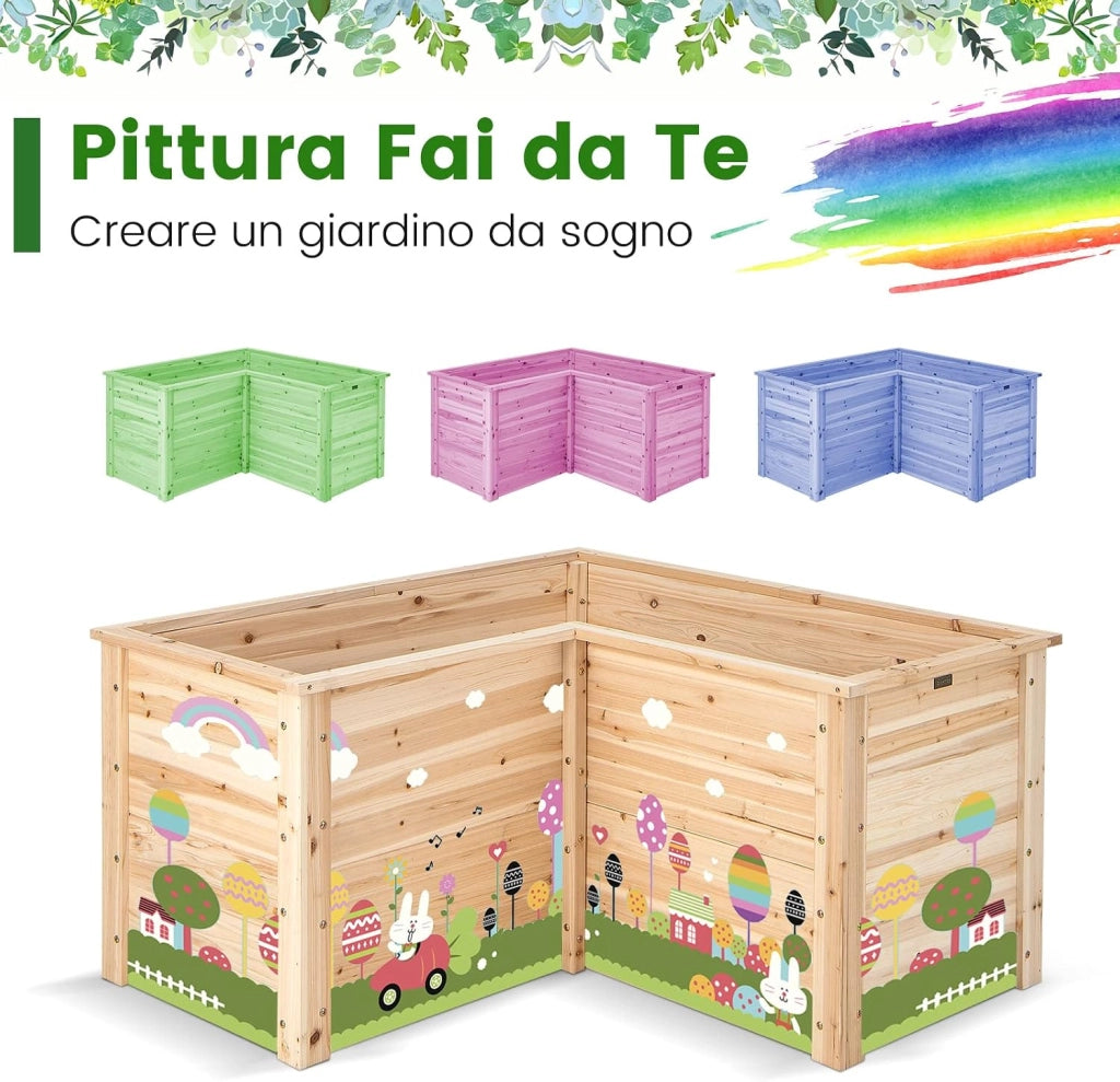 Letto Rialzato da Giardino in Legno, Fioriera da Esterno a Forma di L con Base Aperta, Aiuola per Frutto, Erbe, Verdure e Fiori da Blacone, Cortile e Prato, 120 x 120 x 63 cm (Naturale)
