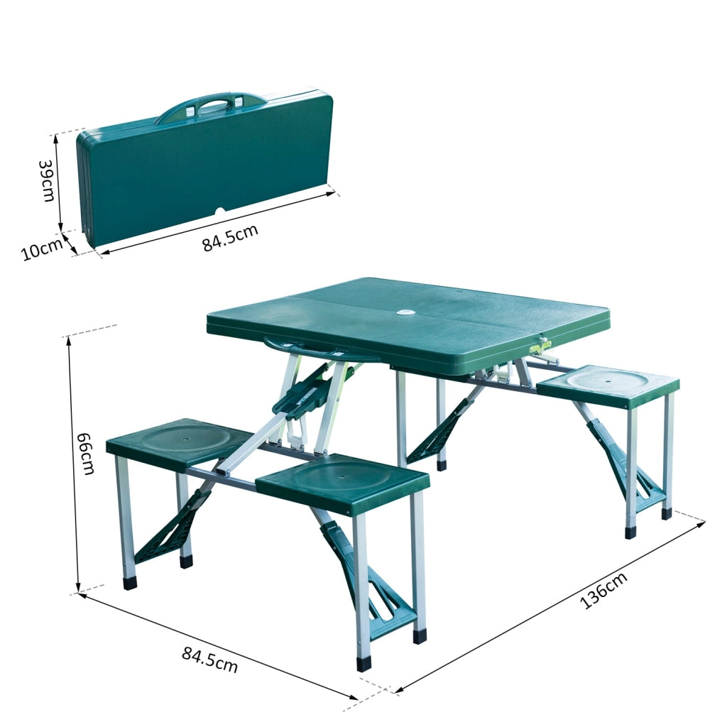 Tavolo da Campeggio con 4 Sedie Richiudibile a Valigetta in Alluminio Verde 84.5x39x10 cm