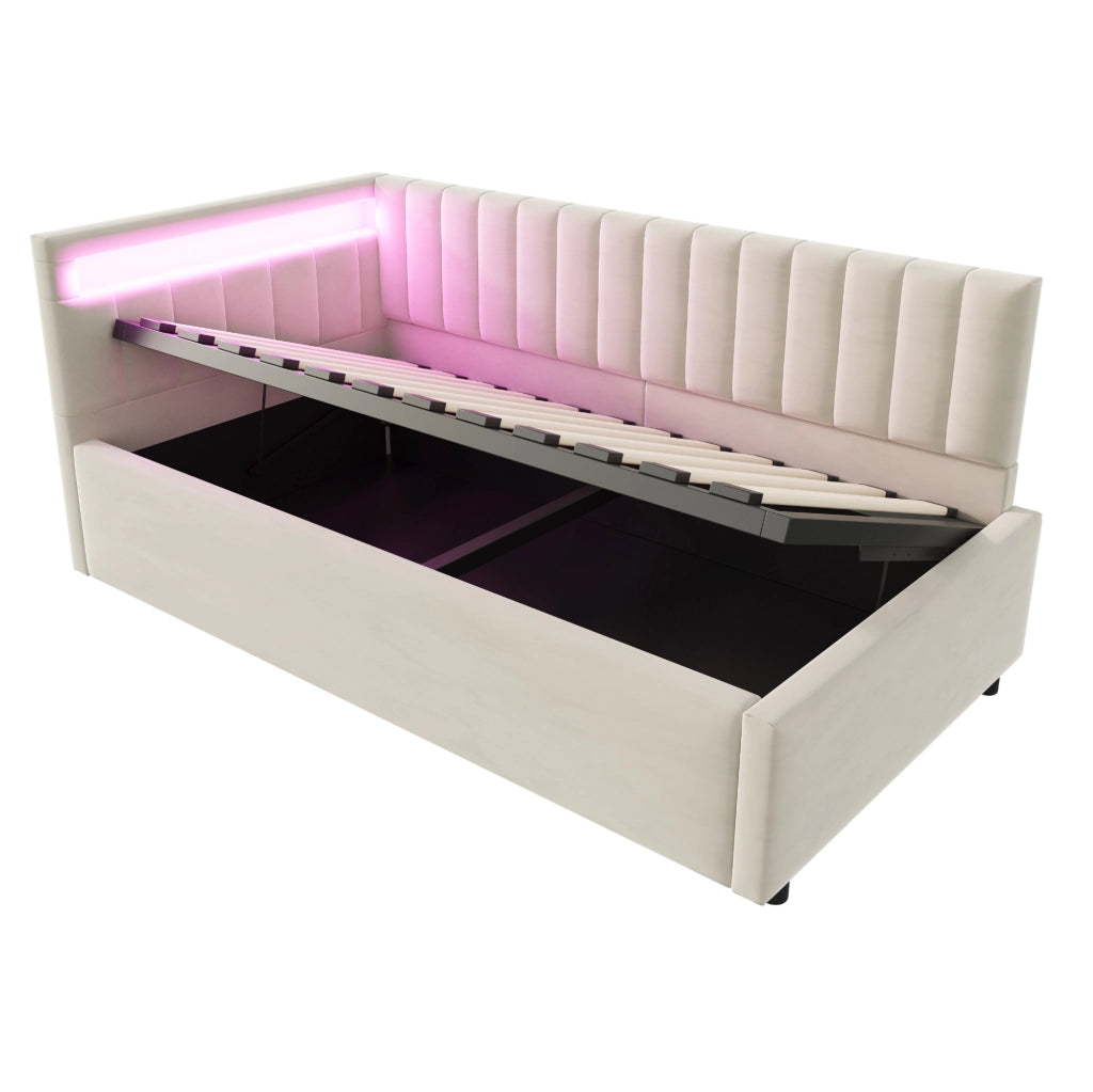 Divano Letto Imbottito 90x200 con LED e Contenitore Idraulico in Velluto Beige