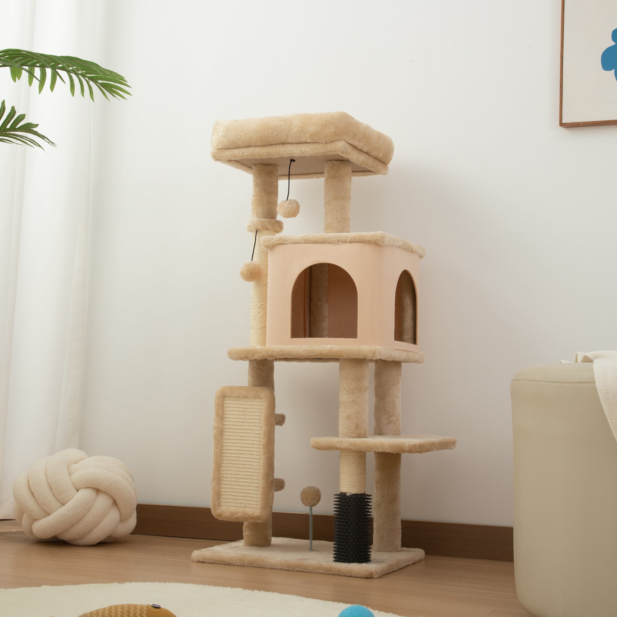 Albero per Gatti Multilivello Alto 104 cm con Casetta Lettino Pali Tiragraffi Spazzola e Pallina Beige