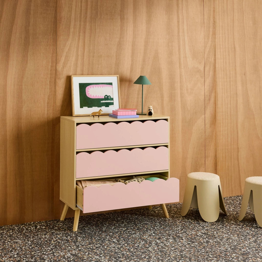 Cassettiera per bambini effetto legno 3 cassetti, rosa