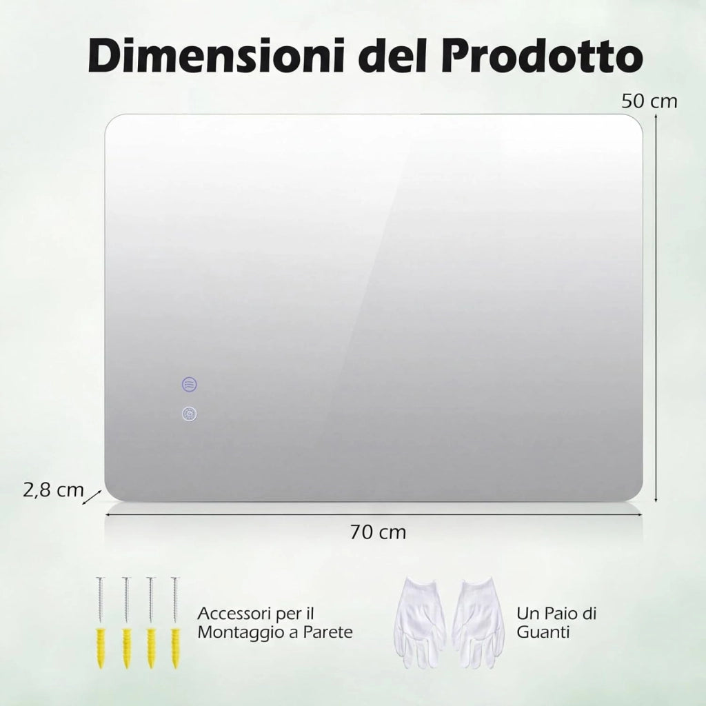 Specchio da Bagno Rettangolare con LED, Specchio da Parete con Luminosità Regolabile, Retroilluminato, Touch Intelligente, Vetro Temperato con Memoria e Anti-Appannamento (70 x 50 x 2,8 cm)