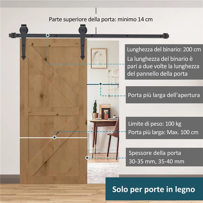 KIT BINARIO PER PORTA SCORREVOLE SINGOLA STILE RUSTICO IN ACCIAIO AL CARBONIO MARRONE