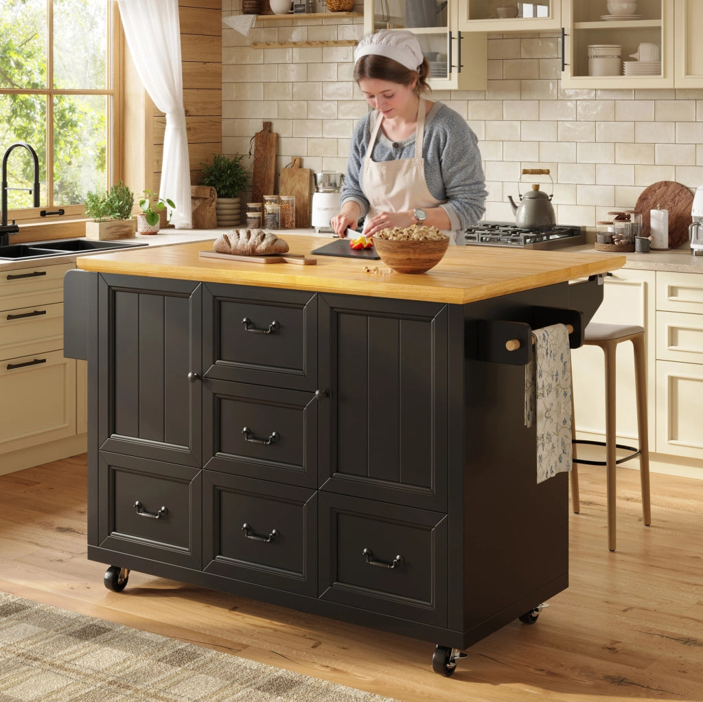 Isola da cucina mobile pieghevole con ruote; MDF e metallo; nera